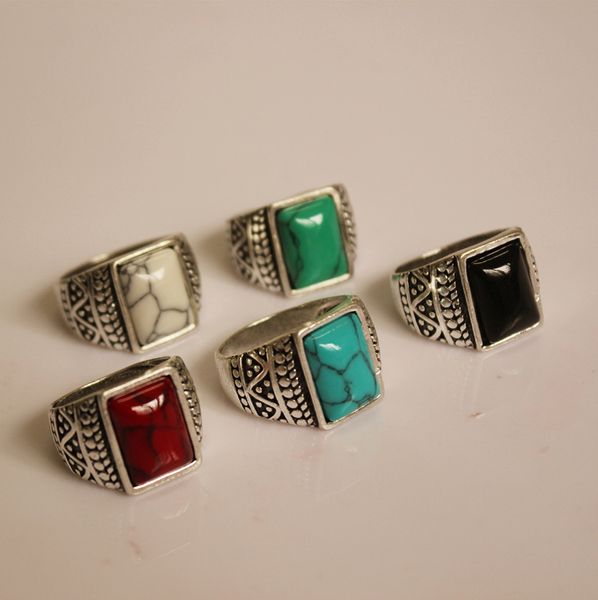 

stone ring gypsy boho carved antique silver plated retro statement jewelry 5colors inner dia20-21mm, Golden;silver