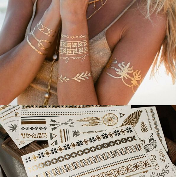 Mode Gold Silber Metall Flash Metallic Tattoo Aufkleber Temporäre Körper Kunst Mann Frauen Strand Wasserdichte Tattoos Größe 15x21 cm