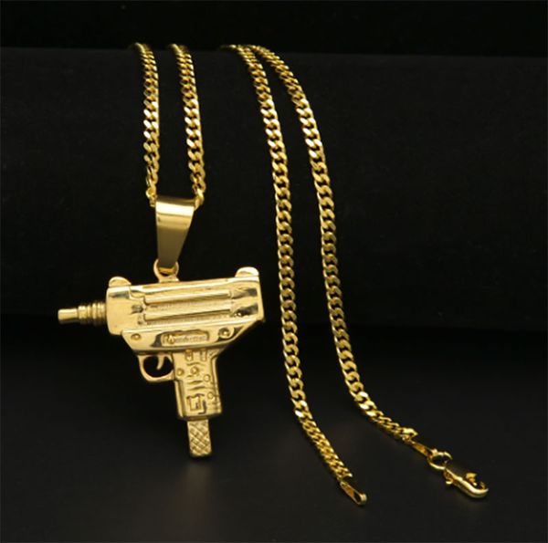 Catena cubana Hip Hop Collana in acciaio inossidabile con pistola mitragliatrice completamente ghiacciata placcata oro 14K con catena a maglie Cuba da 3 mm e 24 pollici Vermeil hip ho