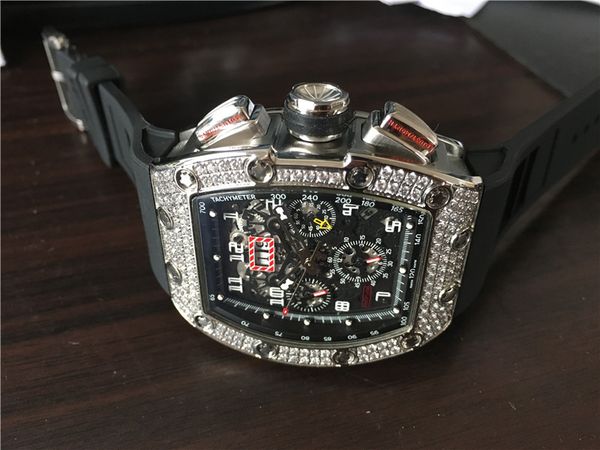 

new arrival men's sport watch brand quality luxury watches mechanical wristwatch skeleton dial diamonds bezel black rubber strap 020, Slivery;brown