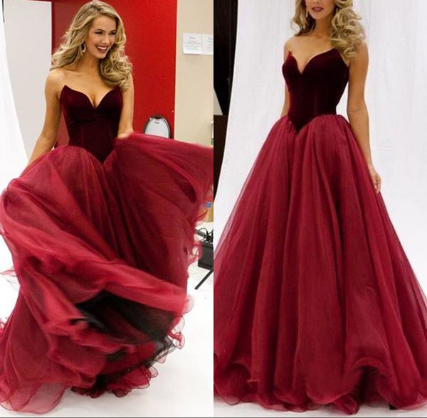 Fabuloso Espartilho Vestidos de Baile Vermelho escuro de Veludo Decote Top Até O Chão de Tule Vestidos de Festa À Noite Barato de Alta Qualidade Custom Made