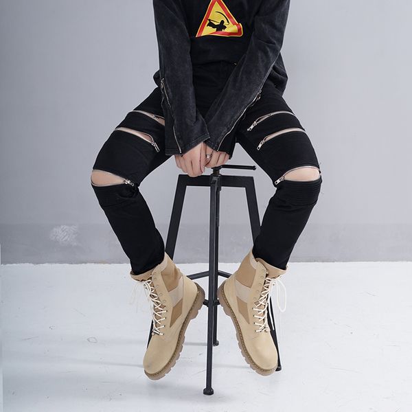 

New Mens Ripped Jeans skinny Slim Fit casual Distressed Denim Cargo pants Zipper On The Knee Hip Hop male Jeans