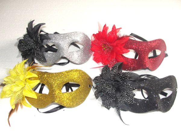 Galvanoplastia pó de Ouro Pena grande flor Máscara de cabeça chata Masquerade Mardi Gras Venetian Halloween Prom Dança Máscara Do Partido 15 pçs / lote