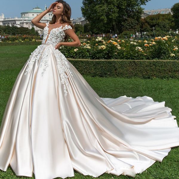 

2018 crystal design satin wedding dresses romantic pale peach floral applique long wedding gowns custom made sheer jewel wedding dress, White