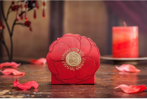 

50 pieces/lot) romantic wedding candy box red color peony design wedding box embossed flowers chinese chocolate box
