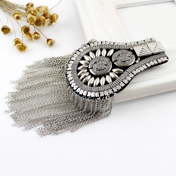

wholesale-min order $10 hip hop jewelry cool vintage style silver black color alloy tassels chain brooch broche shoulder board, Gray