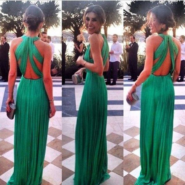 Abiti lunghi verde smeraldo Abito da sera Abito da ballo sexy Incrociato aperto sul retro in chiffon increspato Abiti da tappeto rosso celebrità su misura