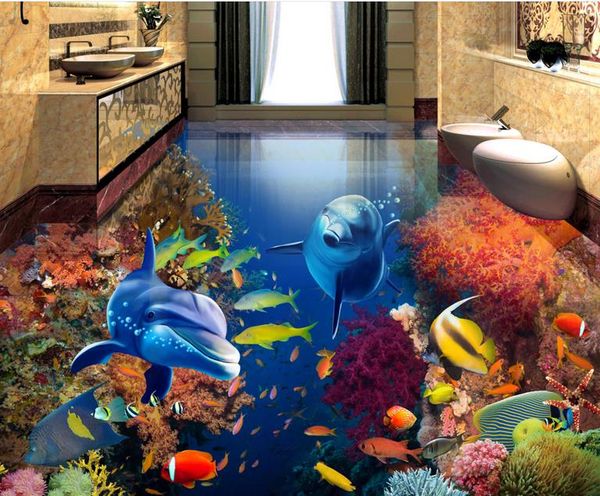 Обои пола Для ванной комнаты настила винила мира дельфина Рыб детской комнаты тропической подводной