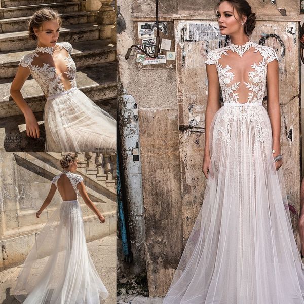 

berta a line wedding dresses 2018 lace high neck short sleeves beach bridal gowns sheer backless tulle custom made vestido de novia, White