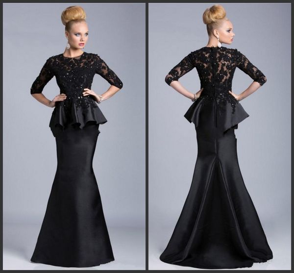 

2019 new with 3/4 sleeves appliques lace satin formal mother evening dress gowns black mermaid mother of the bride dresses, Black;red