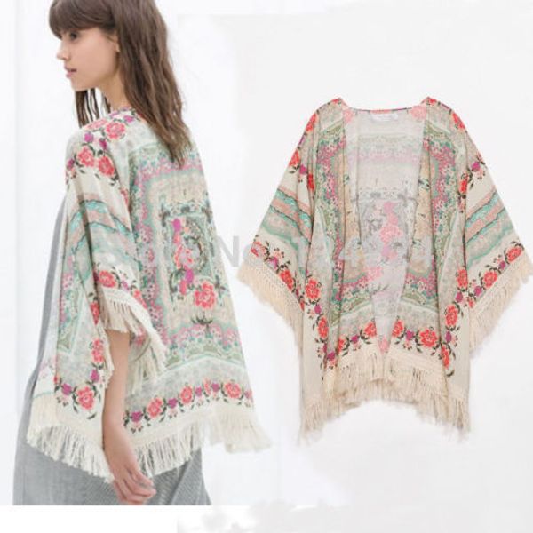 

wholesale-new fringe floral shawl kimono jacket cardigan loose tassels shirt blouse, Black;brown