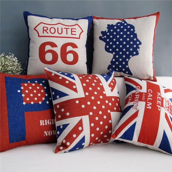 British Style Cushion Cover Union Jack Flag Queen Crown Route 66