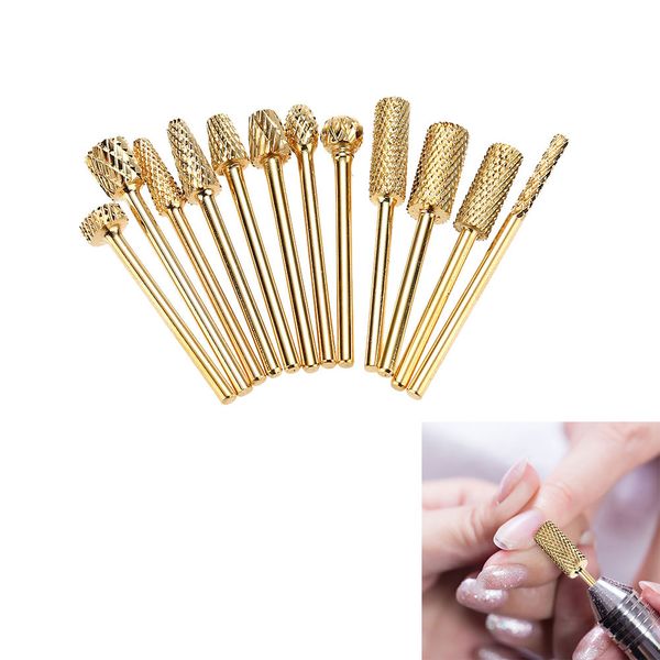 

12pcs tungsten steel nail grinding head nail drill bit tool gold plated for nail art polish machine