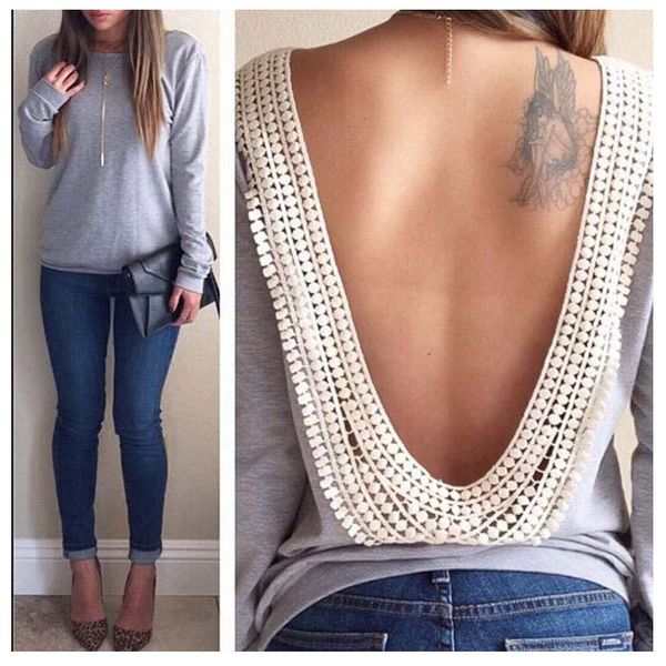 

fashion autumn t-shirt tees o-neck long sleeve solid colors backless casual women lace t-shirts ladies t shirts good quality b126, White