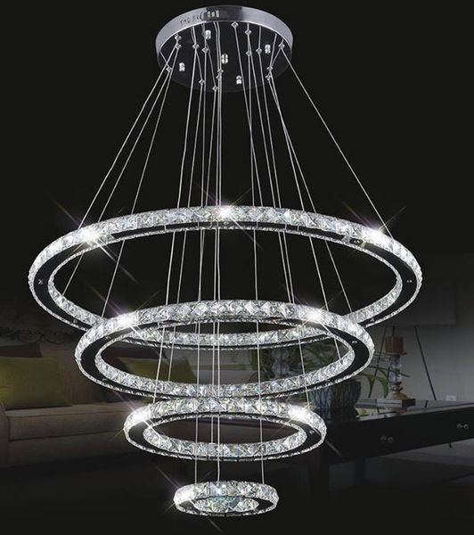 Große moderne Pendelleuchten, LED-Kronleuchter, K9-Kristall-Aufhängungsleuchten für Wohn- und Esszimmer, 4 Diamantring-Luster-Beleuchtungskreis LLFA