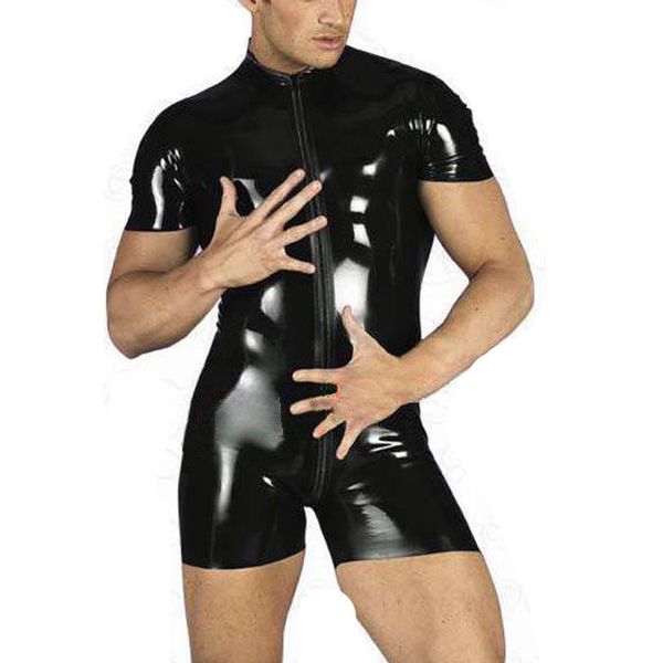 

wholesale-men lycra jocks leather latex bodysuit activewear gay male elastic catsuit front zipper open crotch underwear clubwear, Black