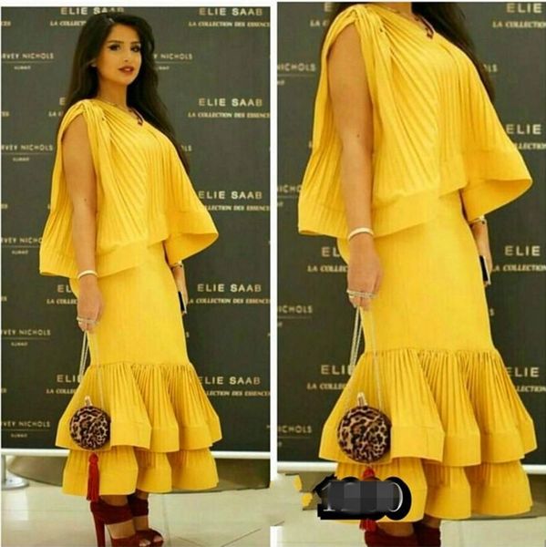 

saudi arabia party dresses yellow sheath ankle length tiered prom dress with crew neck pleat layered elegant evening dresses long 2015, Black
