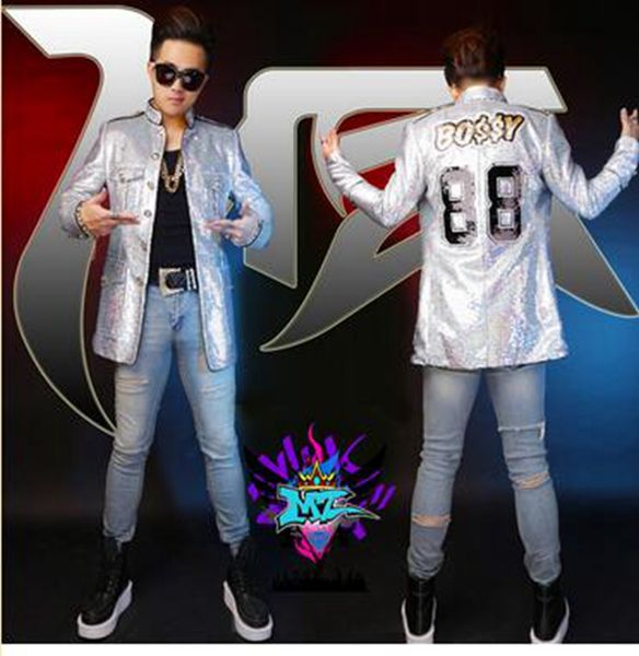

male singer clubs in europe and the runway looks dazzle colour silver piece long suit costumes in the collar. s - 6 xl, Black;red