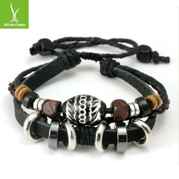 

2014 new arrival wrap black leather rope bracelet for men colorful wooden beads and metal charms fashion jewelery pi0274, Silver