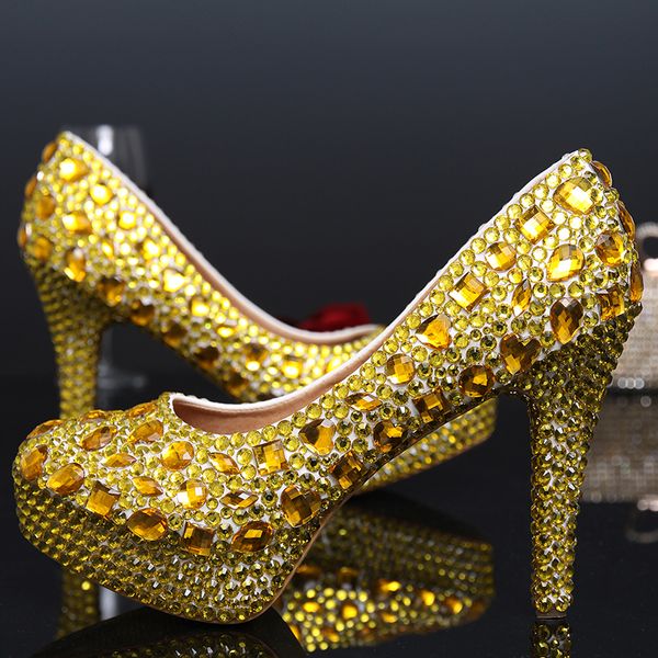 Strass mulheres festa de baile de salto alto cor de ouro da moda banquete vestido sapatos pageant evento sapatos 10 cm casamento sapatos de noiva