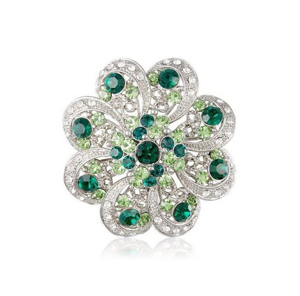 

1.7 inch vintage look rhodium silver plated green crystal diamante floral brooch wedding invitation pins, Gray