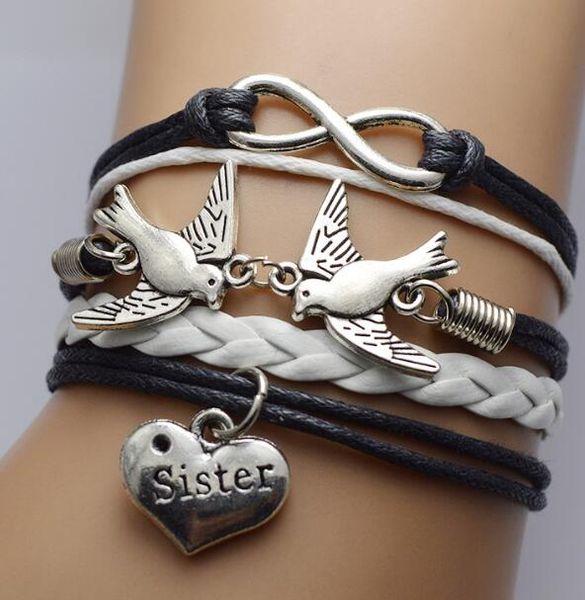 

dhl friendship infinity leather bracelets multilayer love bird sister sideways charm infinity leather wrap wristband girls christmas gift, Golden;silver