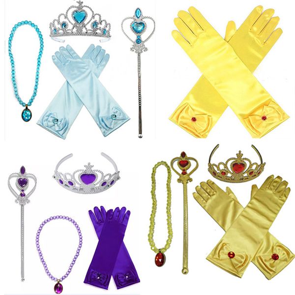 

princess dress up crown accessories 4pieces gift sets belle crown magic wand rhinestone necklace gloves children cosplay costume hh-s19, Slivery;white