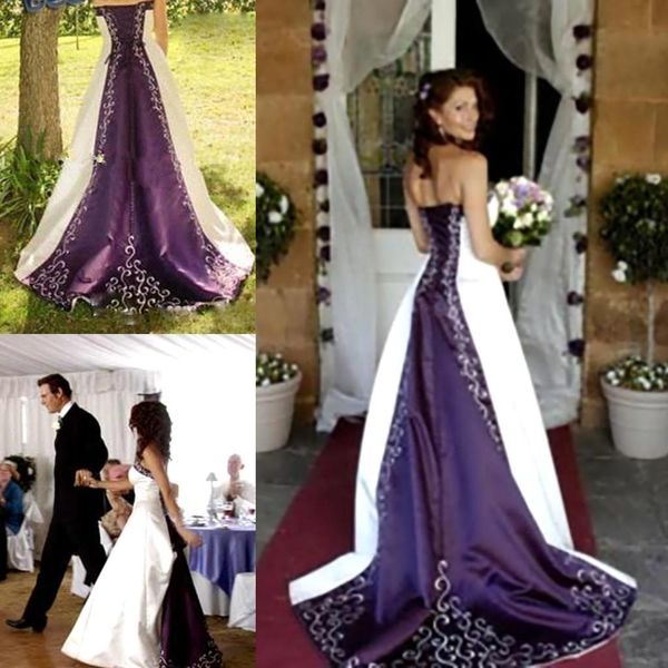 

горячие белые и фиолетовые свадебные платья пао вышивка vestido de custom line a-line без бретелек зашнуровать назад часовня поезд свадебные, White