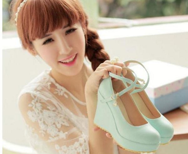

2016 new spring slope with high heeled waterproof round buckle shoes shoes shallow mouth, Black
