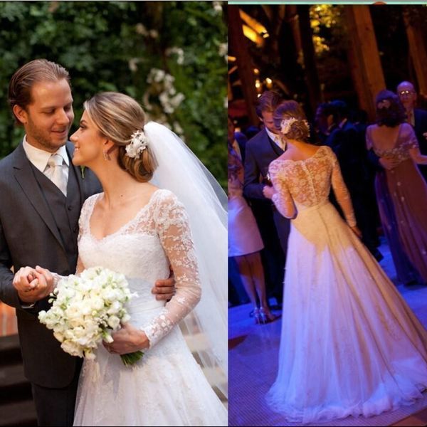 

long sleeve a-line vintage lace wedding dresses v-neck lace applique white or ivory bridal gowns see through back vestidos plus size
