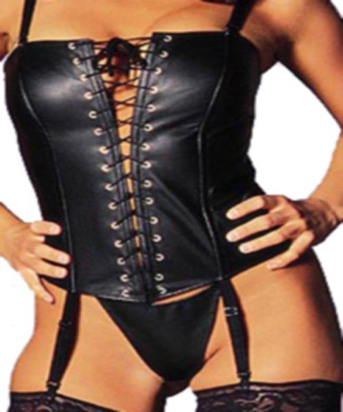 Großhandels-S-XL Neues Design Sexy Erotik Frauen Korsett Tops PVC Leder Shapewear Fetisch Schwarz Korsett Dessous Front Lace Up Bustier Korsett