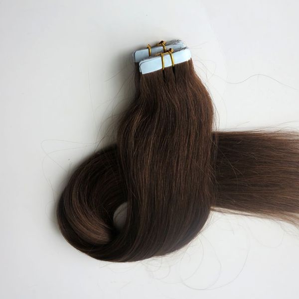 En kaliteli 100g 40 adet / 50 adet Bant İnsan Saç Uzantıları Tutkal Cilt Atkı 18 20 22 24 inç # 2 / Koyu Kahverengi Brezilyalı Hint saç