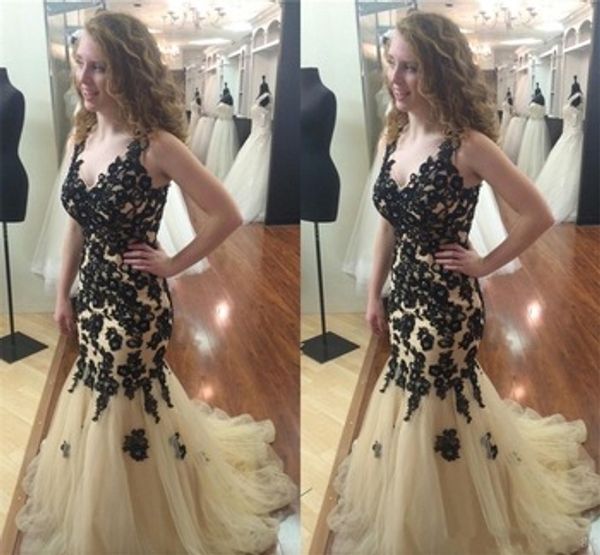 

black lace applique dee v-neck mermaid gorgeous evening dresses no sleeve champagne tulle party prom dress gowns pageant dress vestidos, Black;red