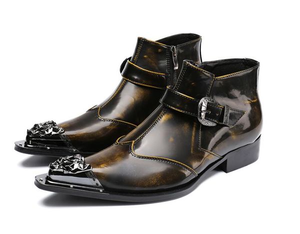 

autumn winter england retro victorian era belt buckle metal head boots men fashion snow pointy martin ankle boots plus size, Black