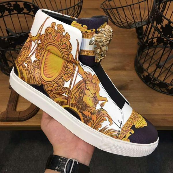 

2018 new high hoe male printed leather hardware buckle european tation trendy young ca ual hort boot