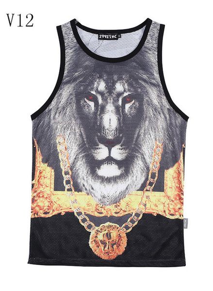

[magic] design new made for men tank golden chain crown lion 3d vest grid breathable absorbent active tanks v12 m-xxl, White;black