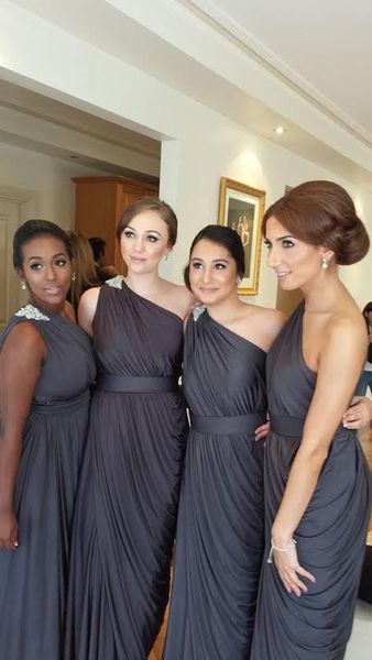 

custom made gray ruched one-shoulder sheath long bridesmaid dresses with applique on shoulder gray chiffon elegant prom wear party gown, White;pink