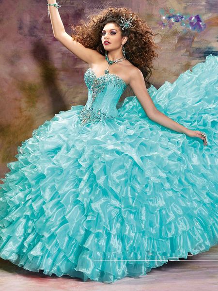 Quinceanera Abiti Fishbone Sweet Girls Pageant Ruffle Organza Ball Ball Balling Birthday Party Lunghezza Abito da ballo