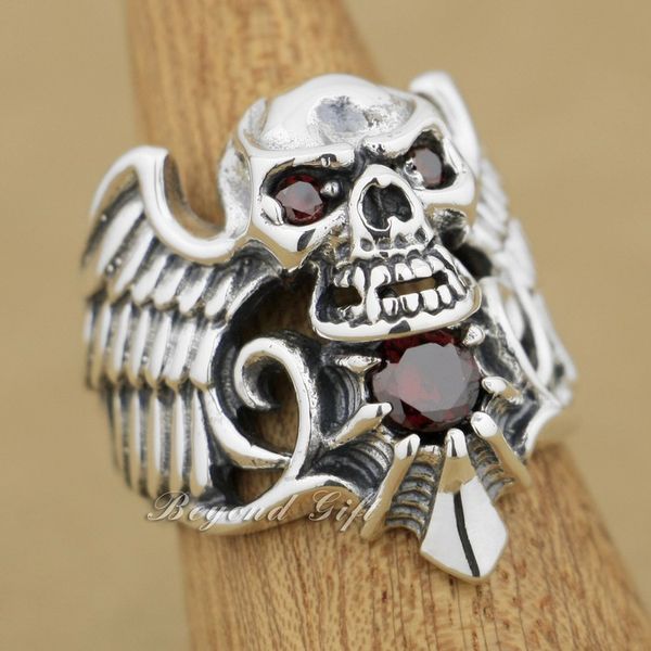 

925 sterling silver devil wing skull red cz stone mens biker ring 9m013 us size 8~14 ing, Golden;silver