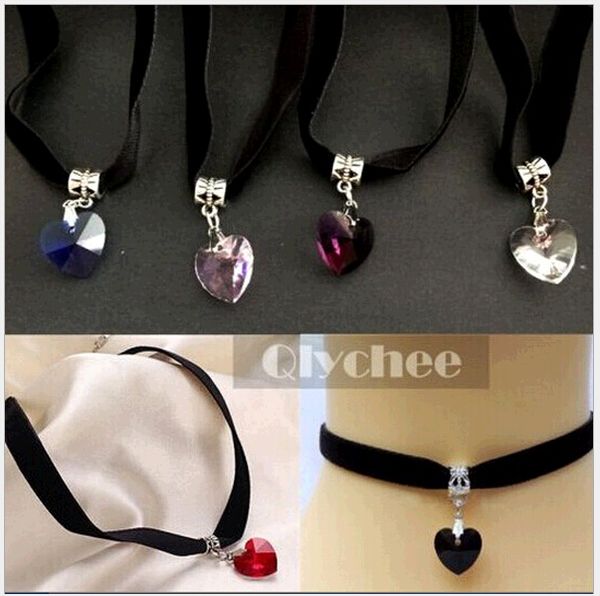 

wholesale crystal heart pendant choker collar lace velvet ribbon vintage necklaces jewelry for women chokers six colors, Blue;red