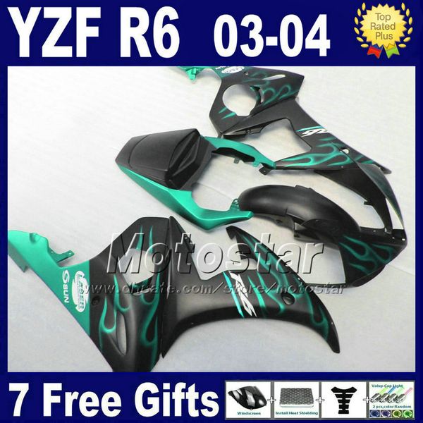 Personalizza la carenatura per YAMAHA YZF R6 2003 2004 YZF-600 fiamme verdi in carenature nere opache impostate YZF-R6 YZFR6 03 04 Fh9 +7 regali