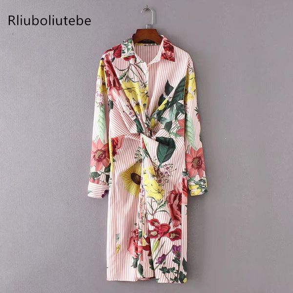 

wholesale- 2017 summer autumn shirt dress women tunic long sleeve pleated knot slim midi work office dresses print flowers turn-down collar, White;black