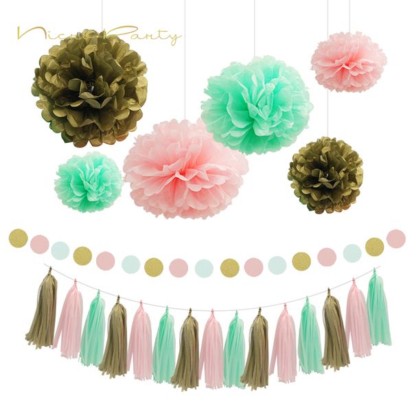 Nicro Mint Green Summer Party Set Pom Pom Tissue Paper Tassel Wall