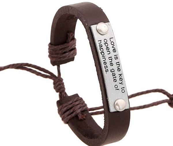 

2015 new 100% genuine leather bracelet love is the kay to open the gate of happiness couple hemp rope adjustable bracelet 20pcs/lot, Black
