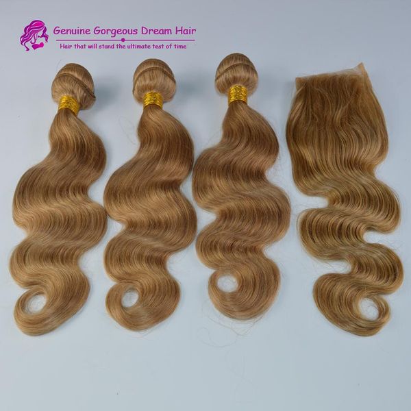 

3 bundles with closure brazilian human hair honey blonde #27 hair extensions body wave weave bundles with closure blonde for sa;e, Black;brown