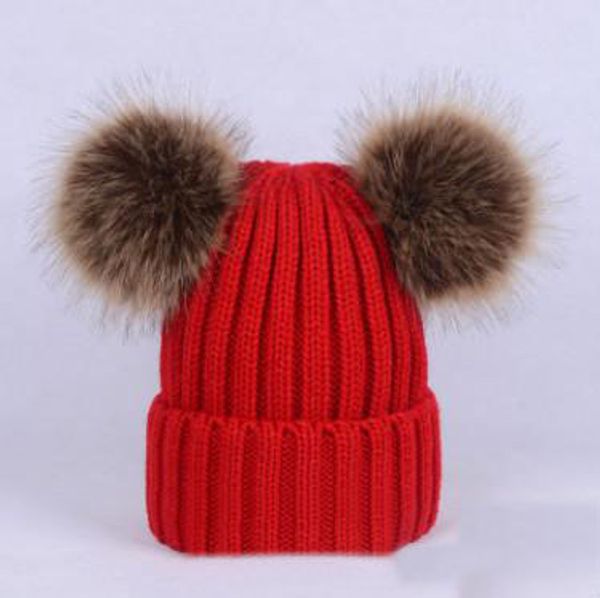 Crianças de inverno mais quentes chapéus de malha beanie Mamãe e eu falso pele de raposa double pompon boné Meninas de bebê meninos crianças stripe tricô chapéu