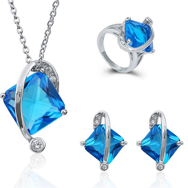 

classic blue necklace earrings rings sets luxurious square crystal jewelry for wedding jewelry sets women gift 1406, Slivery;golden