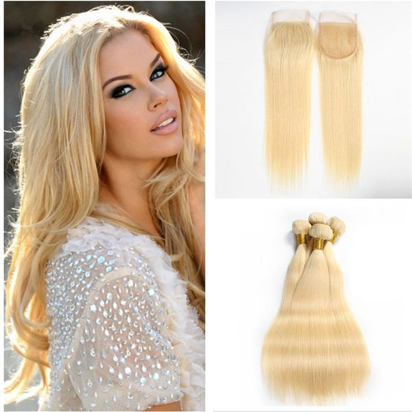 2019 Silk Straight Blonde Hair Bundles With Lace Closure 613