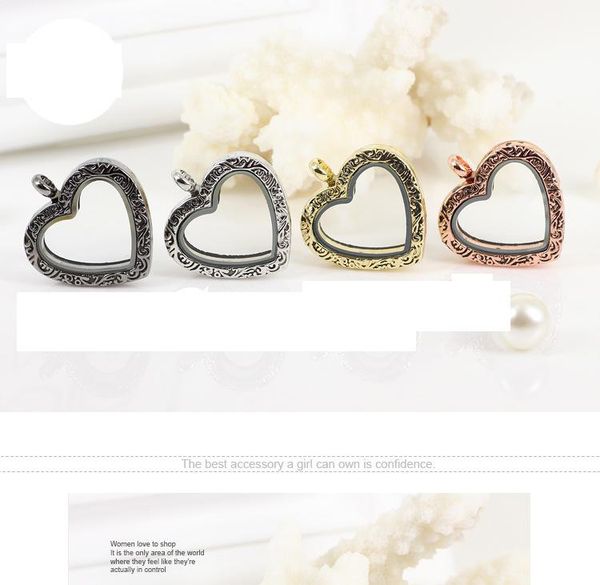 

2016 new 4 colors classic retro carved pattern heart transparent memory floating charm locket alloy + crystal rhinestone pendant necklace, Silver