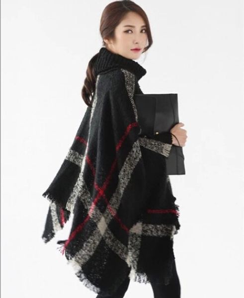 

high turtle neck plaid poncho women knitted striped tassel sweater top, Blue;gray